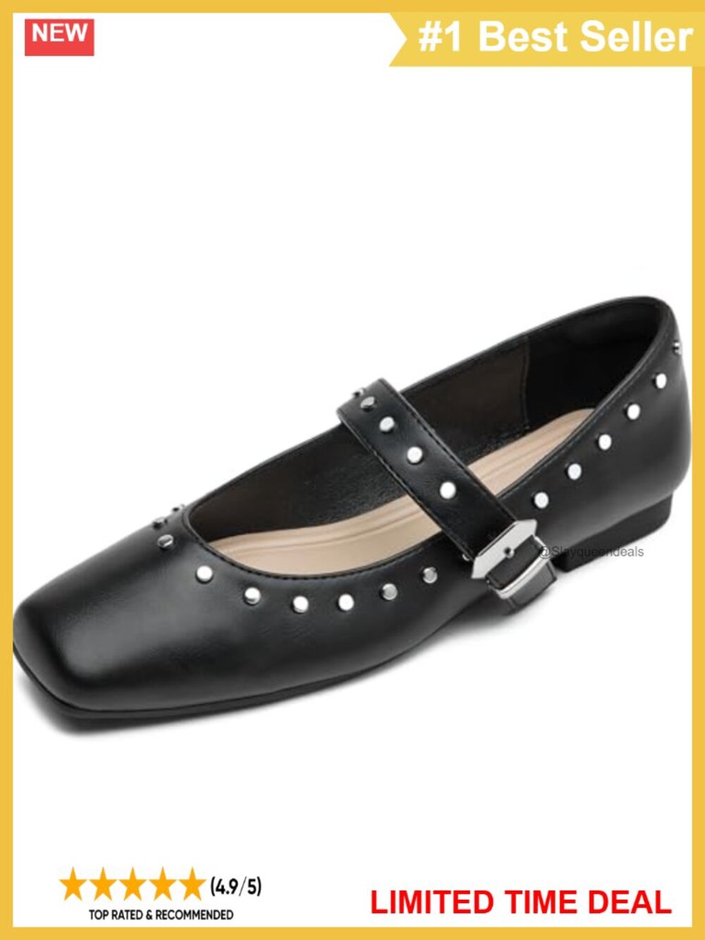 Women Mary Jane Flats Square Toe Studded Buckle Casual Dress Shoes